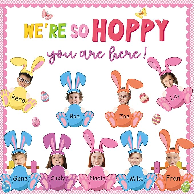 Easter Bulletin Board Set Egg Bunny Cutout DIY Picture Frame Crafts We are So Hoppy You are Here Bulletin Board Set Spring Easter Holiday Teacher School Door Wall Chalkboard Supplies