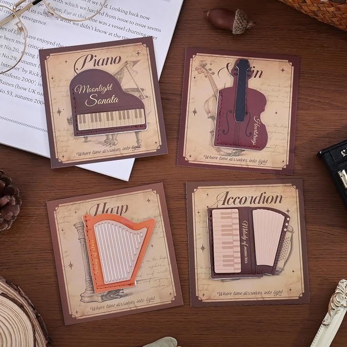 4PCS Leather Musical Instrument Bookmarks，Cute Corner Book Marks Sets for Reading，Art Read Lover Gifts for Women Men Girls Kids Reader，Pretty Book Markers for Reading, Aesthetic Gifts for Planner