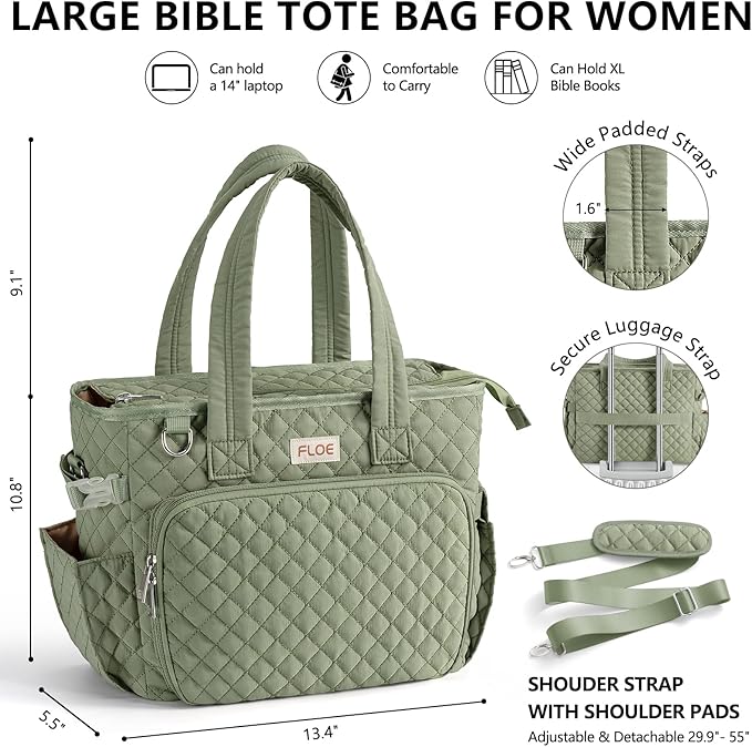 Large Bible Bag for Women Bible Cover Case, Quilted Puffer Bible Tote Bag Church Bag w/Shoulder Strap, Bible Study Supplies Journaling Kit Accessories Tabs, Mothers Day Christian Gifts for Women Mom