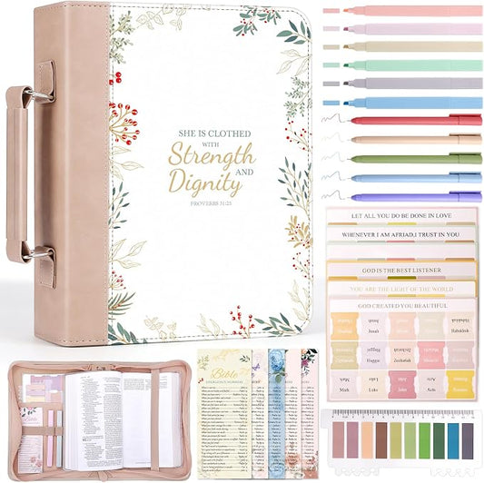 XKDOUS 24 Pcs Leather Bible Covers Kit, Study Supplie Case with Bible Tabs, Bookmarks, Pens, Large Bible Cover Case Church Bible Holder Christian Gifts for Mom Women Men Friends