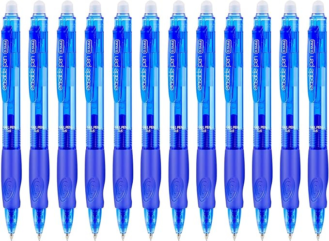RIANCY 12 Pack Clicker Erasable Gel Pens, Fine Point (0.5mm), Blue Ink with Eraser, Make Mistakes Disappear, Soft Grip for Students, Writing, Note Taking, School & Office Supplies