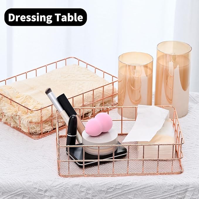 2pcs Rose Basket Bathroom Gold Organizer Storage Basket For Decor Desktop Exquisite Vanity Dresser Ornament Office Stationery Home(9.65*6.5*2.75inch) (Rose)