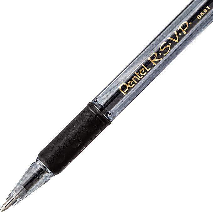 Pentel RSVP Razzle-Dazzle Ballpoint Pen, (1.0mm) Medium Line, Black Barrel, Black Ink, Box of 12 (BK91RDA-A)