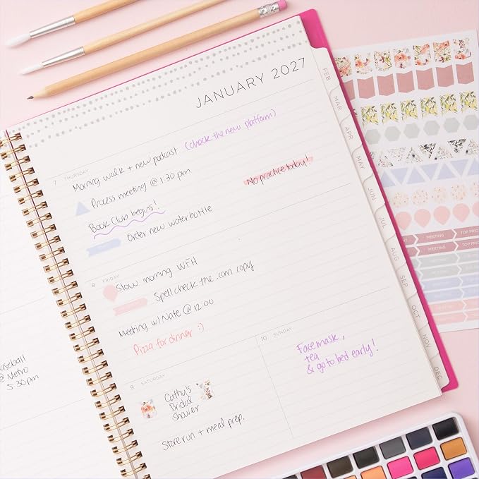 Blue Sky Kelly Ventura 2027 Weekly and Monthly Planner Calendar, January 2027 - December 2027, 8.5" x 11", Flexible Cover, Laminated Tabs, Durable Twin Wire Binding, Storage Pocket, Includes Sticker Sheet, Magenta Blooms