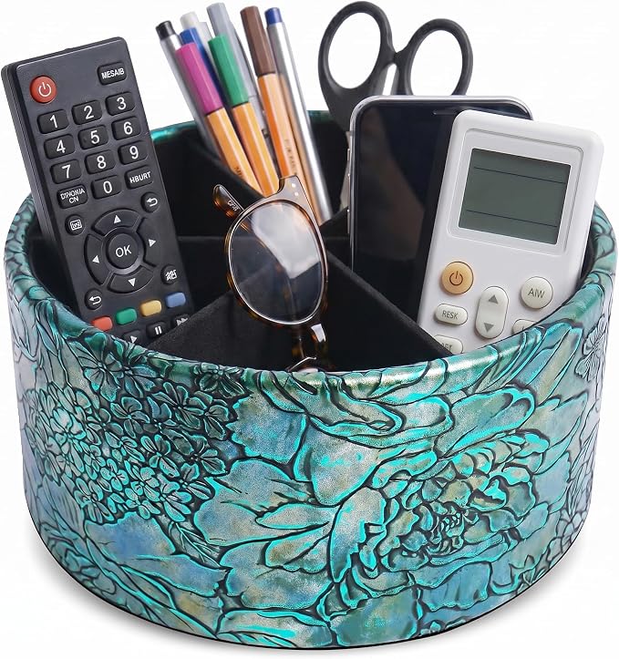 Remote Control Holder, 360°Spinning PU Leather Desk TV Remote Caddy,Desk Storage Box Room Accessories for Controller, Media,Mail,Calculator, Mobile Phone,Pencil(1B-Rich Flower Green)