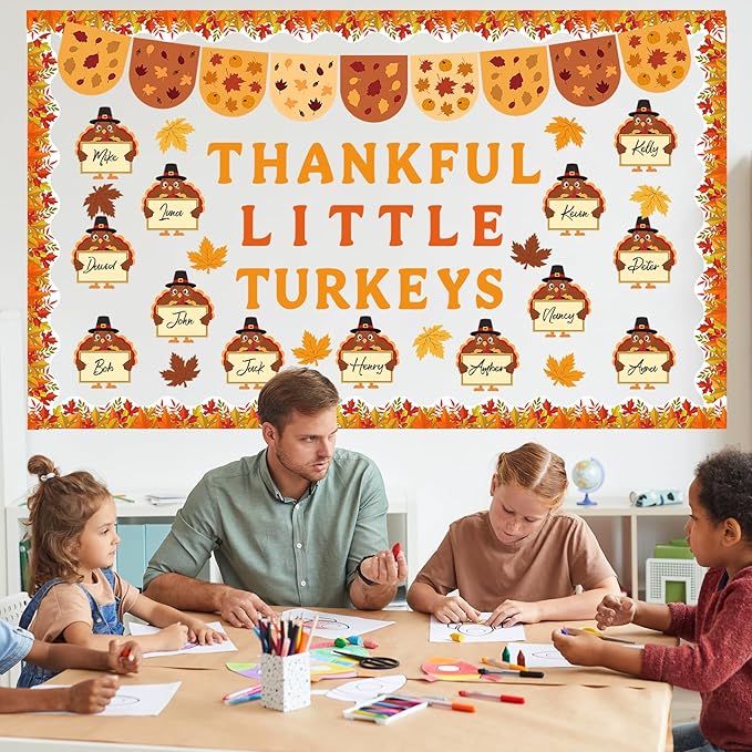 Turkey Bulletin Board Decoration Set Thankful Little Turkeys Classroom Decoration DIY Printed Paper Turkey Maple Cutouts Thanksgiving Decor for Home Party School Fall Activities