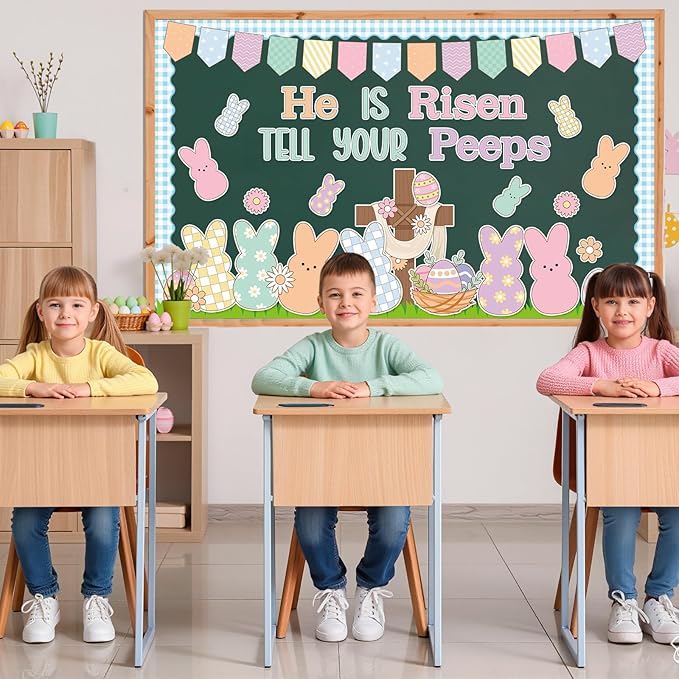 Easter Bunny Religious Cross Bulletin Board Set Jesus He is Risen Classroom Decoration Resurrection Cross Colored Rabbit Eggs Paper Cutouts for Spring Home Sunday School Wall Chalkboard Decor