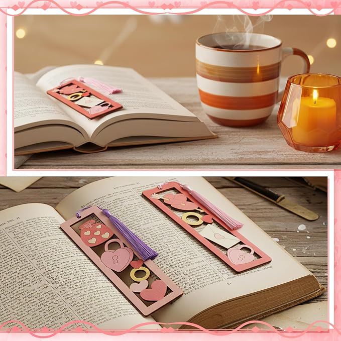 Yexiya 100 Pcs/50 Set Valentine's Day Wooden Bookmarks DIY Craft Kit, Love Heart Bookmark Art Set for Classroom, Book Lovers, Birthday Holiday Gifts