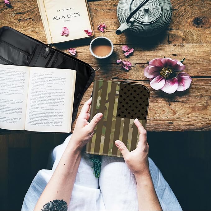 Bible Cover for Men,Large Leather Bible Case Fit Book Up to 11x8x2 Inch,USA Flag Camouflage Bible Covers Bible Study Carrier Church Bags w/Handle & Zipper