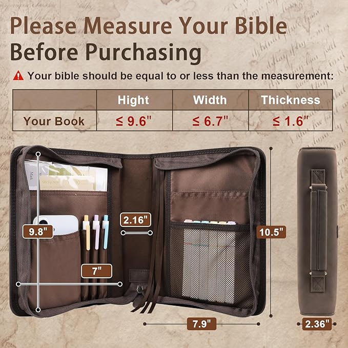 Classic Leather Bible Cover Case with Cross Design and Handle for Men Women, Durable Bible Study Supplies Organizer Carrying Bag, Perfect Christmas Gifts for Christians with Gift Box（Dark Brown