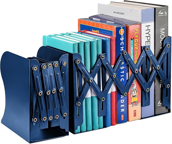 2PCS Adjustable Bookends, Metal Book Ends for Heavy Book, 2 Dividers, Nonslip Book Stander for Desk, Shelf, Office, Stationery Gift, Extends up to 19 inches (Blue)