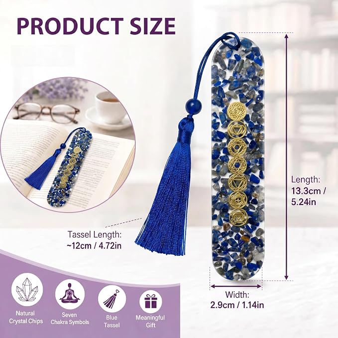 Fantasy Vintage Bookmark Gifts - Lapis Lazuli 7 Chakra Healing Crystals Resin Bookmarks for Women Men Book Lovers Beaded Tassels Page Marks Reading Accessories Bookish Birthday Graduation Gift