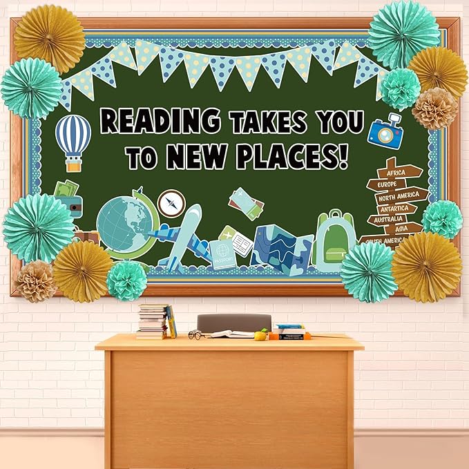 Reading Travel Bulletin Board Decorations with 3D Tissue Paper Flowers Paper Fan Back to School Reading Adventure Begin Classroom Decor Bulletin Board Border Cutouts Set Motivational School Supplies