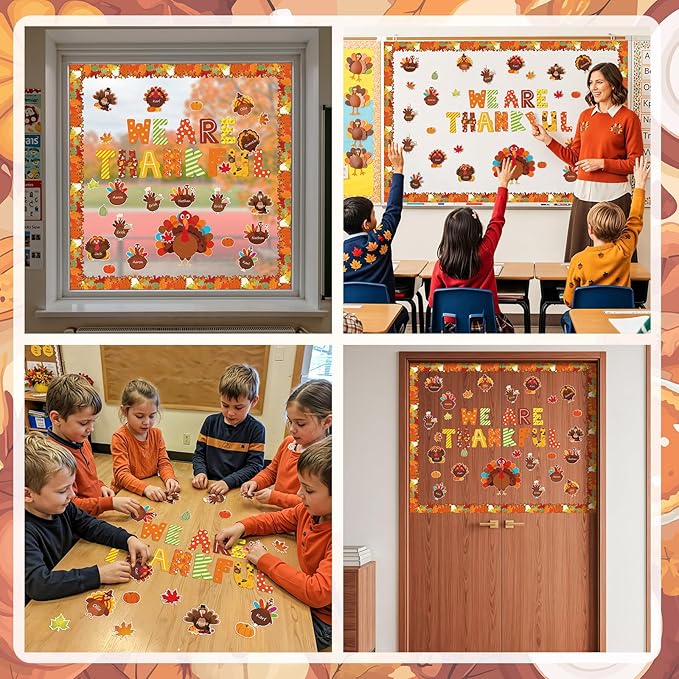 YUUIKLLE 97pcs Thanksgiving Turkey Bulletin Board Decoration Set Fall Turkey Pumpkin Maple Leaf Autumn Harvest Bulletin Board Cutouts,for Home Office School Chalkboard Wall Door Decor