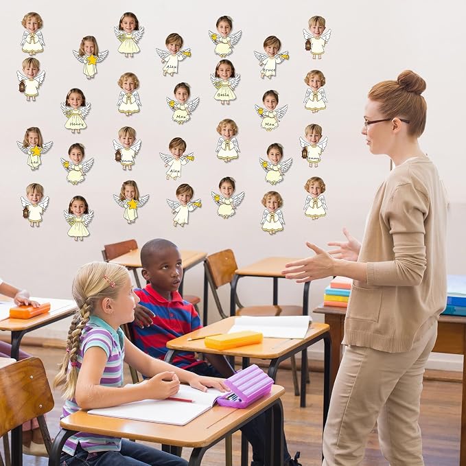 60Pcs Christmas Angel Cutouts Bulletin Board Decoration Angel Boys and Girls DIY Photo Craft Cutouts Religious Classroom Supplies for Teacher Student Xmas Holiday Party School Chalkboard Wall Decor
