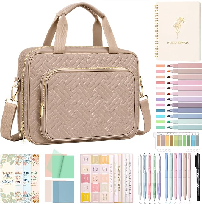 XKDOUS Bible Cover Case for Women, Quilted Large Bible Bag with Shoulder Strap, Bible Study Supplies with Highlighters, Tabs & Journaling Kit, Christian Gifts for Mom & Women (Khaki)