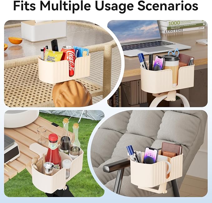 4 in 1 Desk Cup Holder with Storage Tray and Headphone Hanger | Clamp on design, rotating headphone hanger, detachable storage tray, cable holes, fits 5-50mm desks