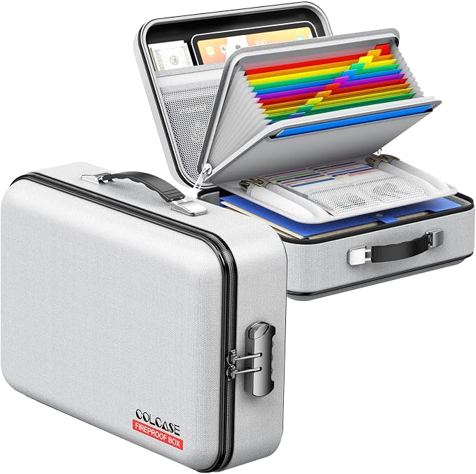 COLCASE Fireproof Document Organzier with Lock, Hard Fireproof Document Box | Hard-Shell Fireproof Waterproof Document Box with Combination Lock Grey