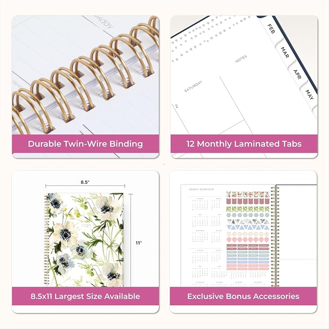 Blue Sky Kelly Ventura 2027 Weekly and Monthly Planner Calendar, January 2027 - December 2027, 8.5" x 11", Flexible Cover, Laminated Tabs, Durable Twin Wire Binding, Storage Pocket, Includes Sticker Sheet, Anemones