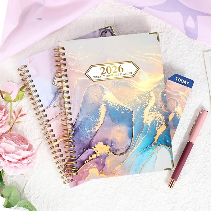 2026 Planner, Jan.2026 - Dec.2026 Weekly Monthly Planner 6.25"x8.5" with Page Tabs, Calendar Hardcover with Inner Pocket, Elastic Band, Twin-Wire Binding, Bookmark, Blue Gold Marble