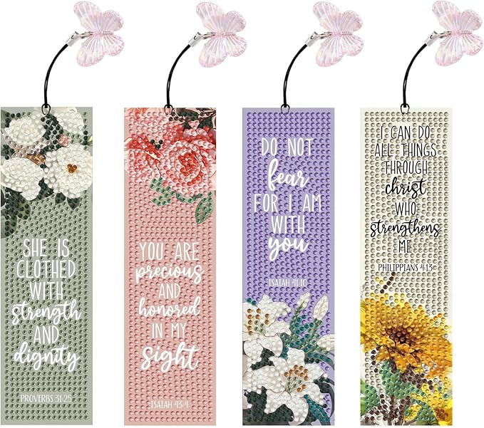 4 PCS Bible Diamond Painting Bookmarks, Flowers Diamond Art Bookmarks for Adults with Pendant, 5d Gem Art, Acrylic Bookmark Easy DIY Crafts for Books Decor Gift