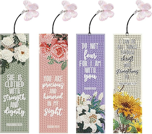 4 PCS Bible Diamond Painting Bookmarks, Flowers Diamond Art Bookmarks for Adults with Pendant, 5d Gem Art, Acrylic Bookmark Easy DIY Crafts for Books Decor Gift