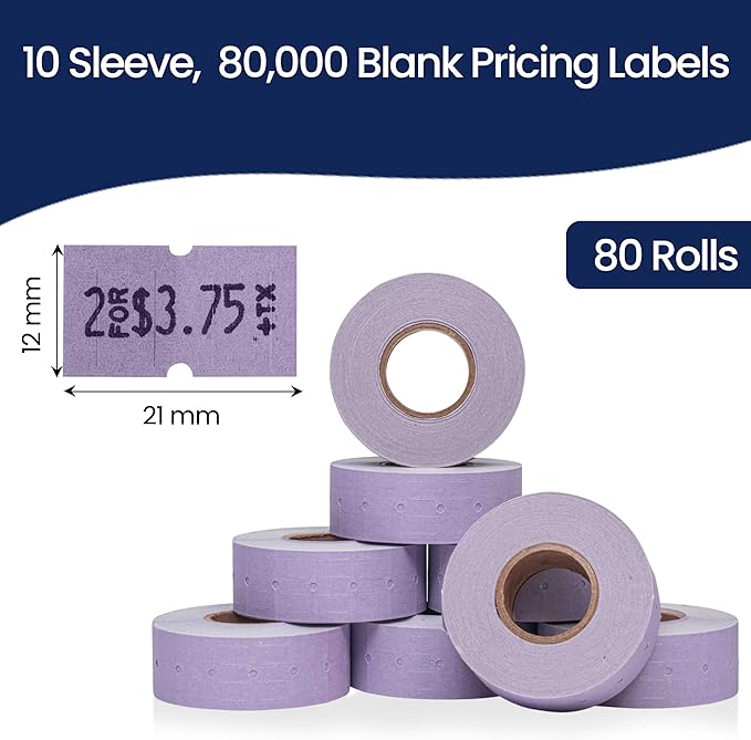 Perco 1 Line Lavender Labels - 80 Rolls, 10 Sleeves, 80,000 Blank Price and Date Gun Labels for Perco Lite, X, Plus and Pro 1 Line Price and Date Guns - Made in USA