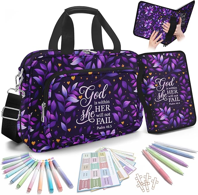Bible Cover Case for Women with Large Bible Bag, Bible Cover with Journaling Kit & Shoulder Strap, Pens and Highlighters Cross Clips for Bible Study & Church, Christian Gift for Women