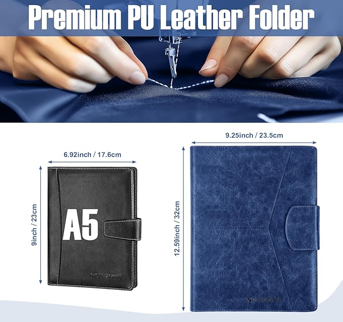 DIN A4 PU Leather Portfolio Folder Binder, Legal Pad Holder for A4 Letter Size Notepad, Magnetic Closure Business Clipboard with Cover Professional with 2 Pen for Men Women, Dark Blue