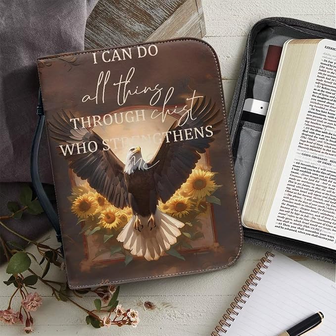 Bible Covers for Women Bible Holder Case Large Size with Handle Eagle Sunflower Monogram Waterproof Bible Protector PU Leather Bible Organizer Bag for Men