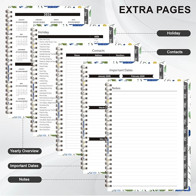 2026 Planner - Jan. 2026 - Dec. 2026, A5 (6.3" x 8.4") Planner Weekly and Monthly, Calendar Planner 2026 with 12 Monthly Tabs, Inner Pocket (White Flowers)