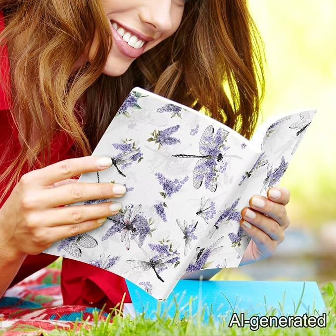 Dreaweet Stretchable Book Covers Dragonfly and Lavender Print Book Protective Sleeves for Hardcover Textbooks Notebooks up to 9"x11",Reusable Washable