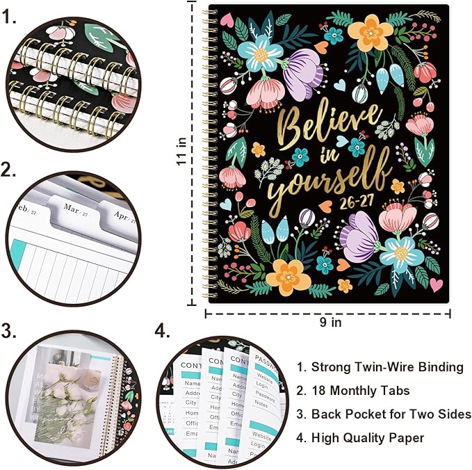 2026-2027 Monthly Planner - Monthly Calendar Planner, July 2026 - December 2027, 8.5" x 11", 18 Month Planner with Back Pocket, Twin-Wire Binding - Floral