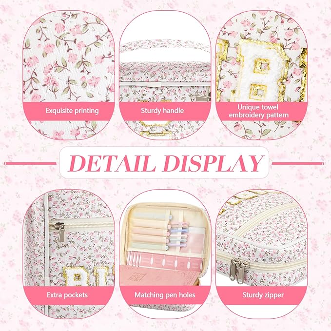 Sinload Quilted Bible Cover Case for Women Large Carrying Bag with Organizer Tabs 6 Colored Pens 6 Highlighters Book Tote Bags with Handle Bible Carry Supplies Christian Gifts(Pink Ditsy Floral)