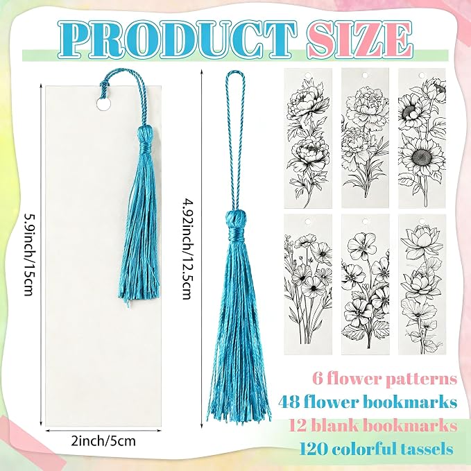 Sinmoe 120 Pcs Color Your Own Bookmarks 6 Styles Watercolor Bookmarks to Paint Card Stock Paper Watercolor Colorful Tassels Craft DIY for Classroom Projects Gifts Tags 5.9 x 2 Inch(Flower)