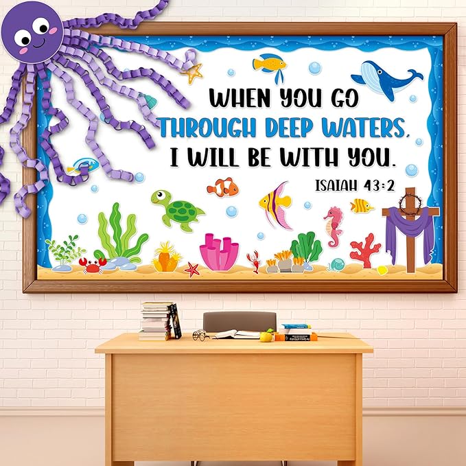 Christian Religious Under The Sea Bulletin Board Set Bible Verse Back to School Ocean Sea Animal Classroom Bulletin Board Decorations DIY 3D Octopus Cutouts for Sunday School VBS Chalkboard Wall Decor