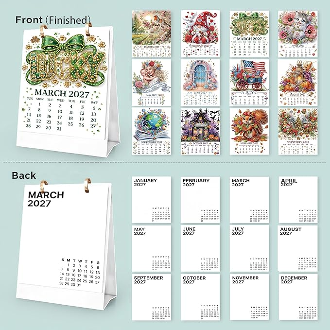 2027 Standing Desk Calendar DIY Diamond Art Painting Monthly Flip Dates Holiday Double-Sided Pattern Tabletop Calendars Diamond Art Craft Supplies Planner Office Home-Holiday