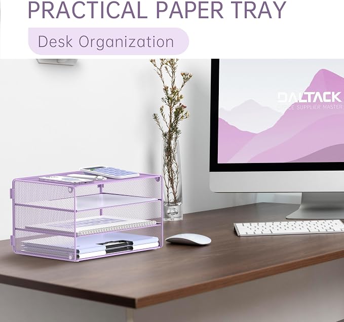 DALTACK 3 Tier Letter Tray Paper Organizer for Desk, Mesh Metal Desk File Organizer with Sliding Trays for Letter/A4 Paper, Mail, Bills & Folders, Light Purple