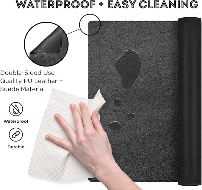 FTC PU Leather Desk Pad & Desk Blotter, Non-Slip Flannelette Base, Stitched Desk Mat for Keyboard, Mouse & Writing, Home or Office (Black, 31.5” x 15.75”)