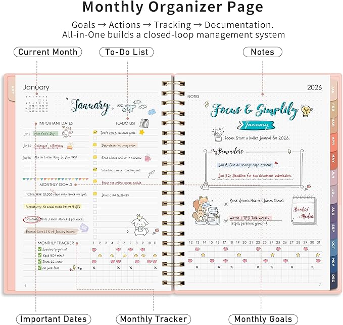 RETTACY 2026-2027 Monthly Planner, Jan 2026 - Dec 2027, Large Size (8.5" x 11"), Agenda, Calendar, 24 Month Tabs, Flexible Plastic Cover, 100 GSM Thick Paper, Spiral-bound (Pink)
