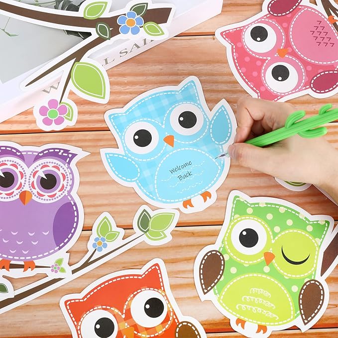 AnyDesign 54 Pcs Back to School Cutouts with 120 Pcs Glue Points Colorful Owls Cut-Outs Name Tags Labels Bulletin Board Decoration for Classroom Kindergarten First Day of School Decorations