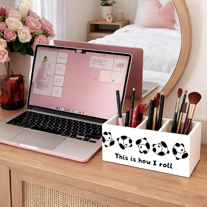 Wooden Desk Organizer with Panda Design, 3 Compartment Pen Pencil Holder, Decorative Office Supply Storage Box for Home, Office, Desk Table, Gift for Friends and Coworkers