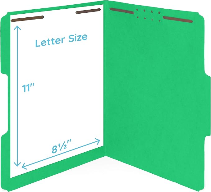Blue Summit 50 Green Fastener File Folders - 1/3 Cut Reinforced Assorted Tab - Durable 2 Prongs Designed to Organize Standard Medical Files, Law Client Files, Office Reports - Letter Size