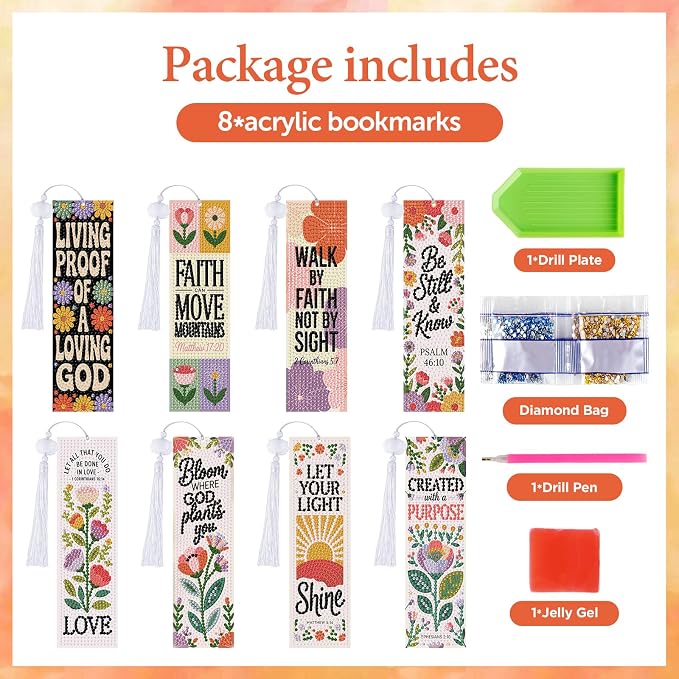 8 Pieces Christian Bible Verse Diamond Art Bookmarks 5d Christian Beaded Bookmark Acrylic Tassel Bookmark for DIY Making Beginners Adults Arts Craft Supplies (Boho Floral)