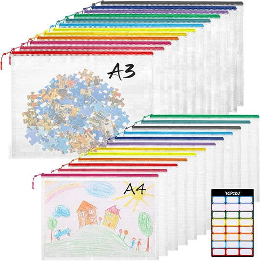 YOPCDJ 24pcs Mesh Zipper Pouch Bags, 12 Colors Extra Large 12PCS A3 and 12pcs A4, Puzzle Bag for Organizing, Classroom Must Have Storage Bag, File Bags for School, Board Games and Office Supplies