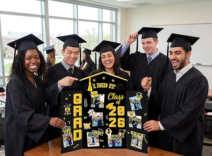 Moon Boat 5 Pack Graduation Decorations 2026 Trifold Poster Boards with Stickers Class of 2026 Grad Party Picture Display Supplies(Black Gold)