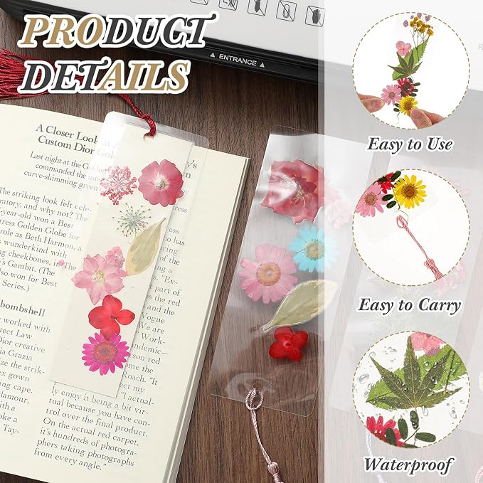 Fuyoooo 376 Pcs Dried Flower Bookmark Making Kit, DIY Bookmark Laminating Pouches with Tassels and Puncher, Handmade Craft Kit for Women, DIY Gifts for Book Lovers (Rainbow Color,2 x 8 Inch)