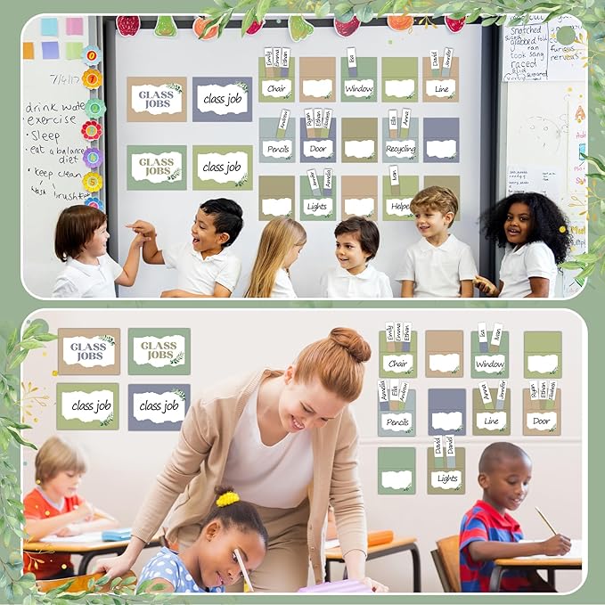 112Pcs Eucalyptus Class Jobs Bulletin Board Set Greenery Classroom Job Pocket Chart Bulk Sage Green Class Management Pocket Chart Teacher's Helper Posters Cards Chalkboard Decor School Supplies