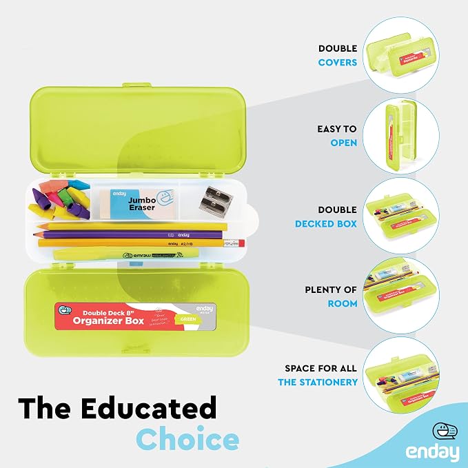 Enday Pencil Box Green, Plastic Double Deck Pencil Case with 7 Compartments, Box Organizer with Snap Closure for Home and Office
