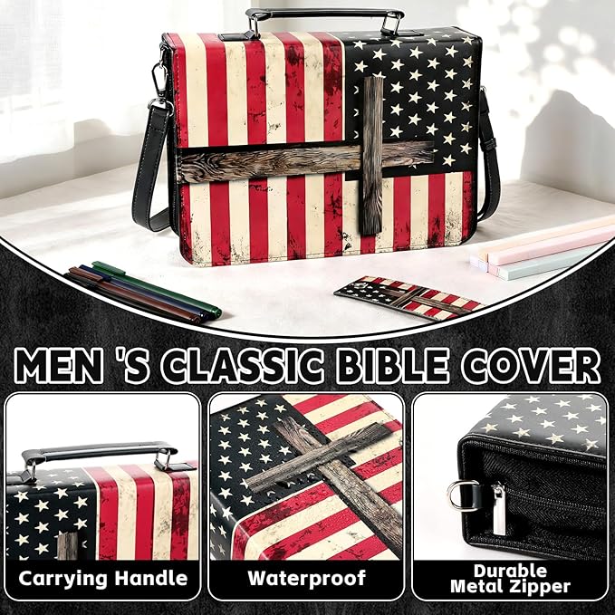 19PCS American Flag Leather Bible Cover for Men Bible Cover Cases for Mens Boys Christmas Gift Christian Carrying Bag Journaling Kit with Shoulder Strap Highlighter Pens & Book Marker Study Supplies